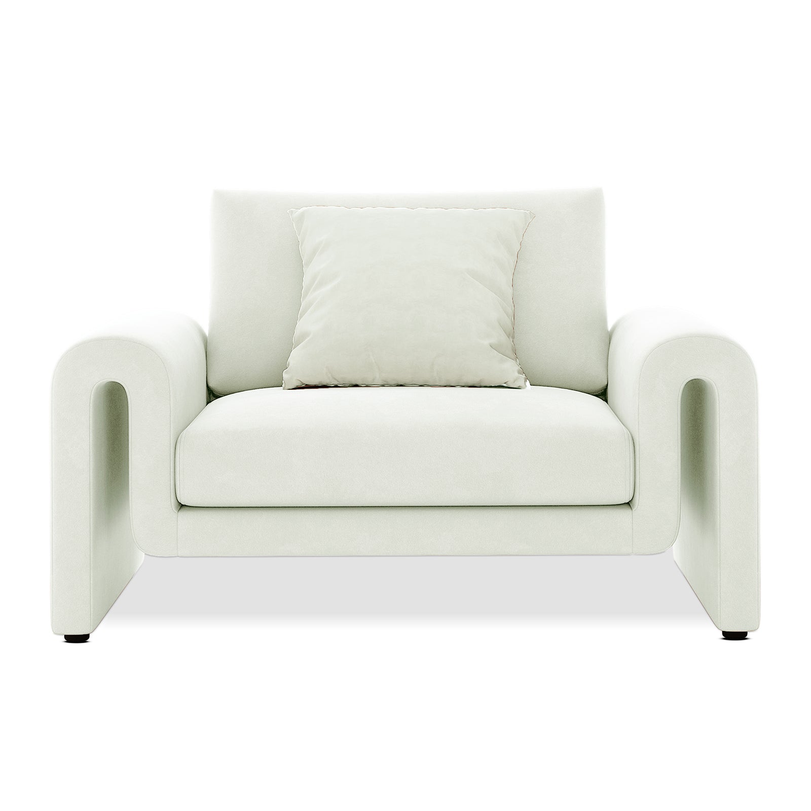 Celyn Curved Velvet Single Sofa Accent Chair in Cream, featuring a modern, single-seat design with plush velvet upholstery, accompanied by a matching cushion, offering a luxurious and comfortable seating option.