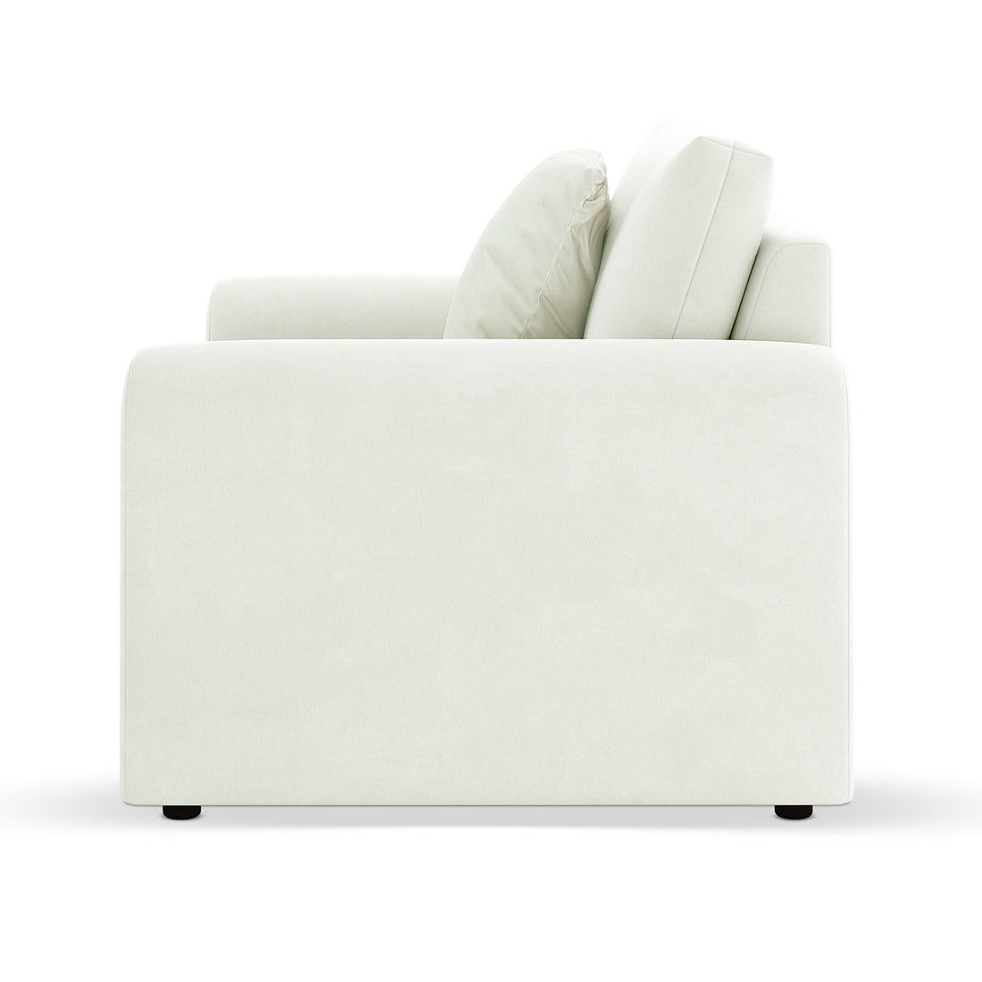 Celyn Curved Velvet Single Sofa Accent Chair in Cream, featuring a modern design with squared armrest, back cushion, lumbar pillow, and short dark feet, upholstered in light-neutral fabric for elegance.