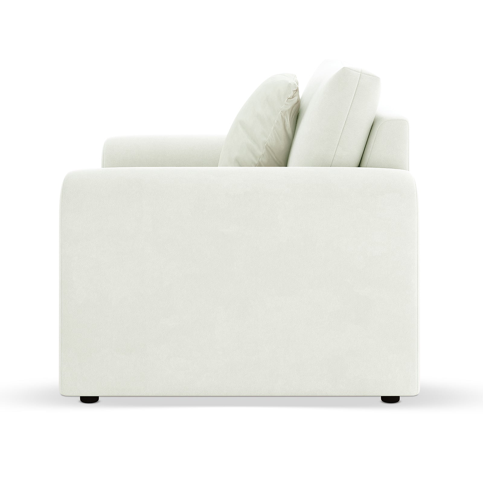Celyn Curved Velvet Single Sofa Accent Chair in Cream, featuring a modern design with squared armrest, back cushion, lumbar pillow, and short dark feet, upholstered in light-neutral fabric for elegance.