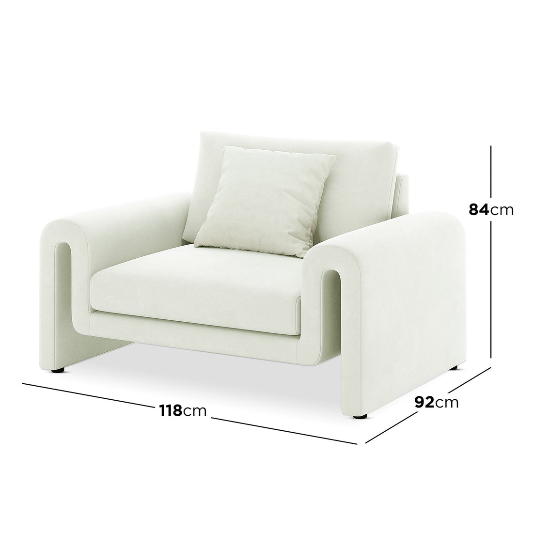 Celyn Curved Velvet Single Sofa Accent Chair in Cream, featuring a plush loose back cushion, sleek modern design, and luxurious velvet upholstery, measuring 118 cm wide, 92 cm deep, and 84 cm high.