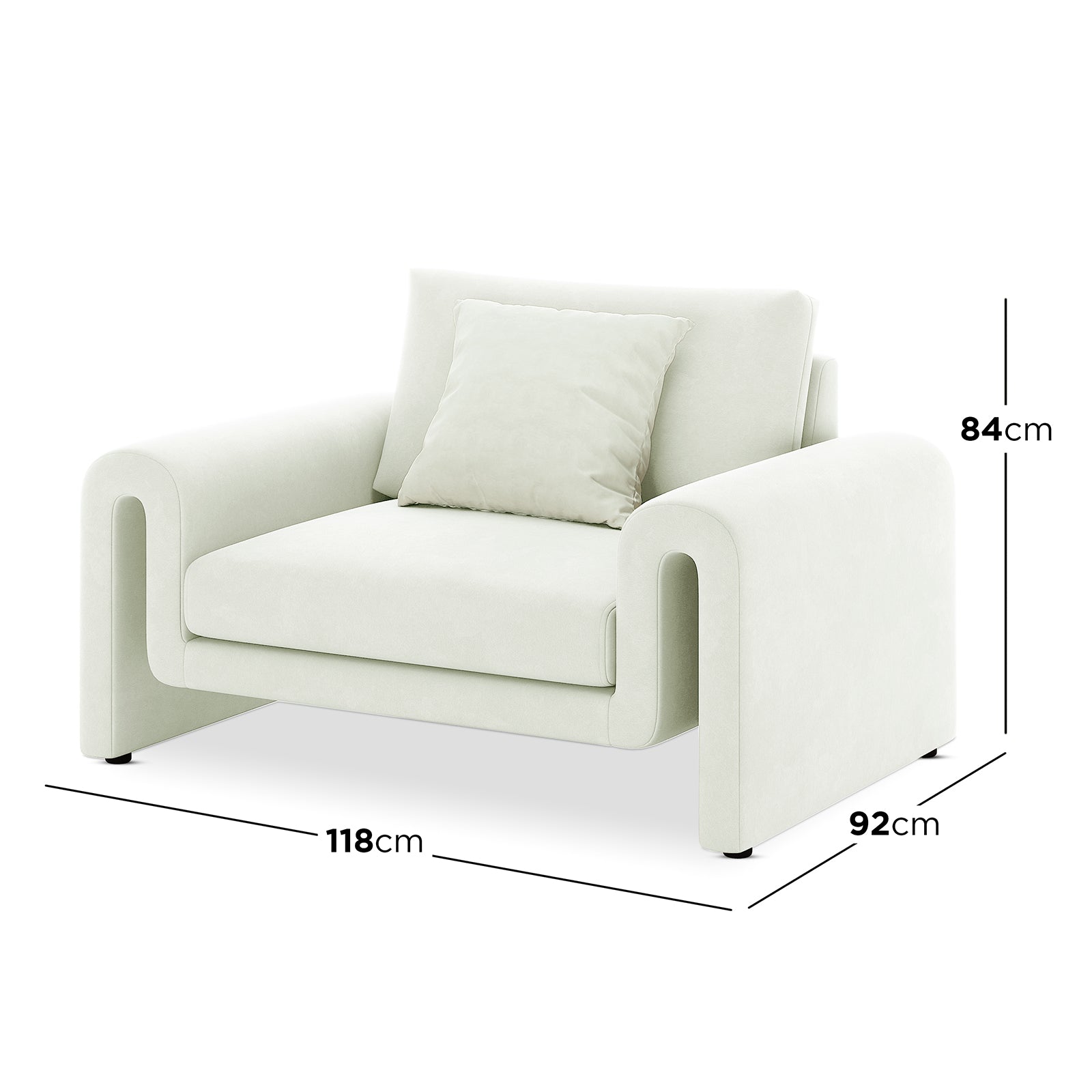 Celyn Curved Velvet Single Sofa Accent Chair in Cream, featuring a plush loose back cushion, sleek modern design, and luxurious velvet upholstery, measuring 118 cm wide, 92 cm deep, and 84 cm high.