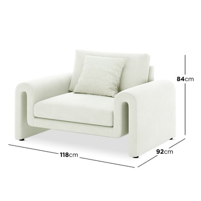 Celyn Curved Velvet Single Sofa Accent Chair in Cream, featuring a plush loose back cushion, sleek modern design, and luxurious velvet upholstery, measuring 118 cm wide, 92 cm deep, and 84 cm high.