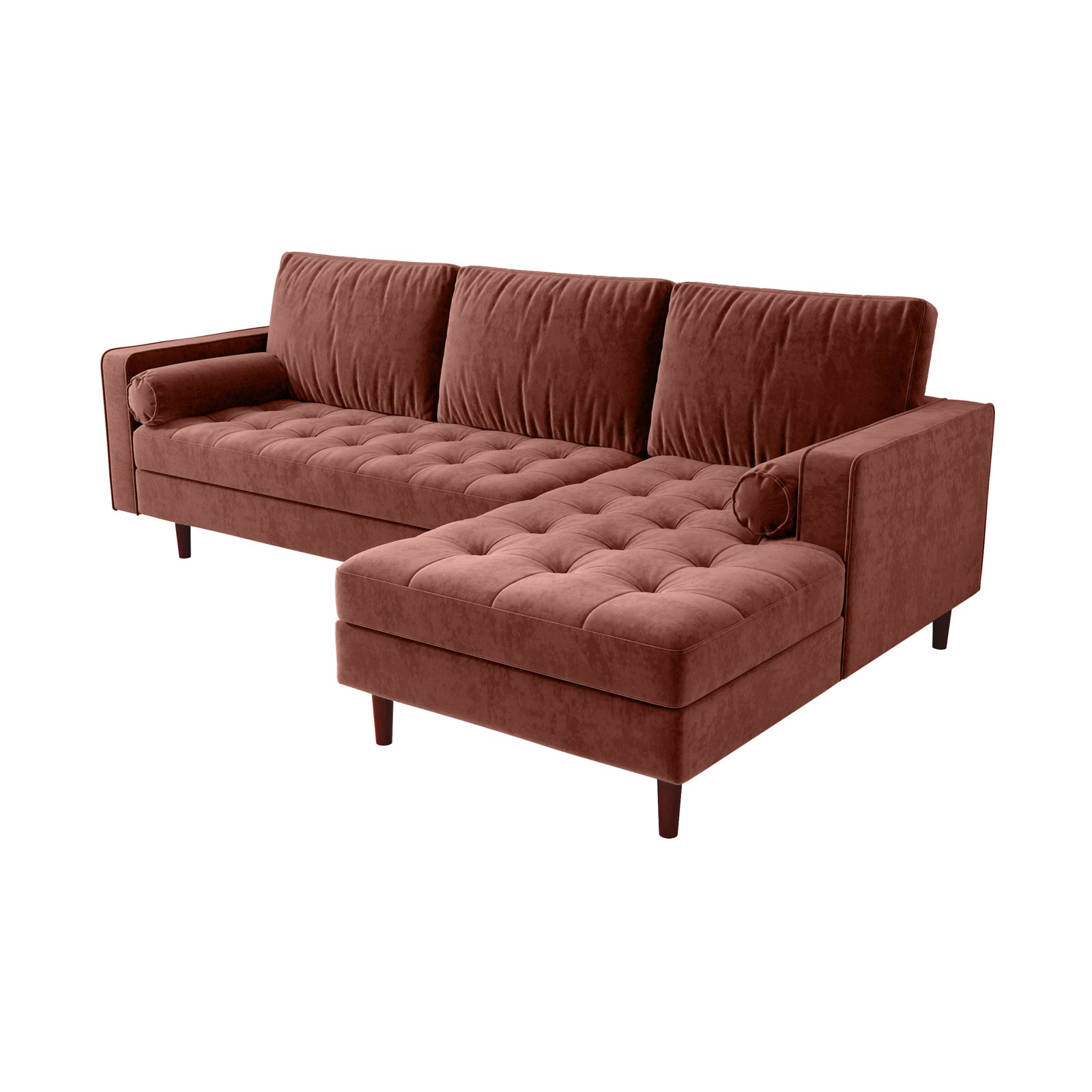 Close-up of the Claude 3 Seater Velvet Sofa with Chaise, highlighting its plush cushions and sleek design, showcasing the luxurious velvet texture and spacious chaise for relaxing in style.