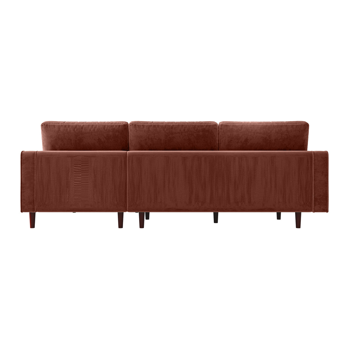 Claude 3 Seater Velvet Sofa with Chaise – Blush, showcasing a close-up of plush velvet fabric and wooden legs, highlighting its luxurious design and spacious chaise for ultimate comfort.