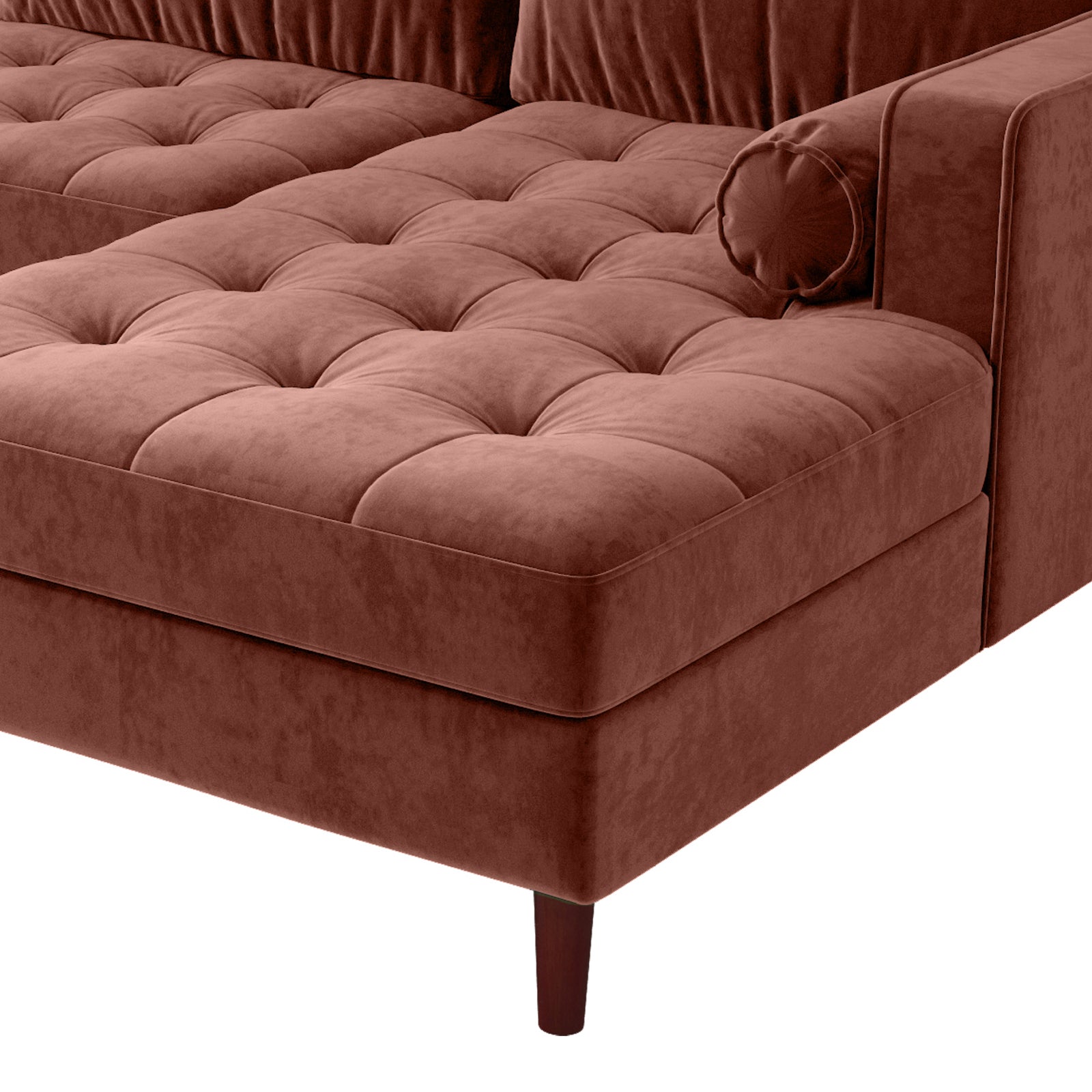 Claude 3 Seater Velvet Sofa with Chaise – Blush, featuring plush cushions and a spacious chaise, captured in a close-up highlighting its luxurious velvet texture and elegant design.