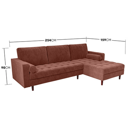 Claude 3 Seater Velvet Sofa with Chaise – Blush, showcasing a plush, luxurious design with soft velvet upholstery, thick foam cushions, and a spacious chaise for ultimate comfort and style.