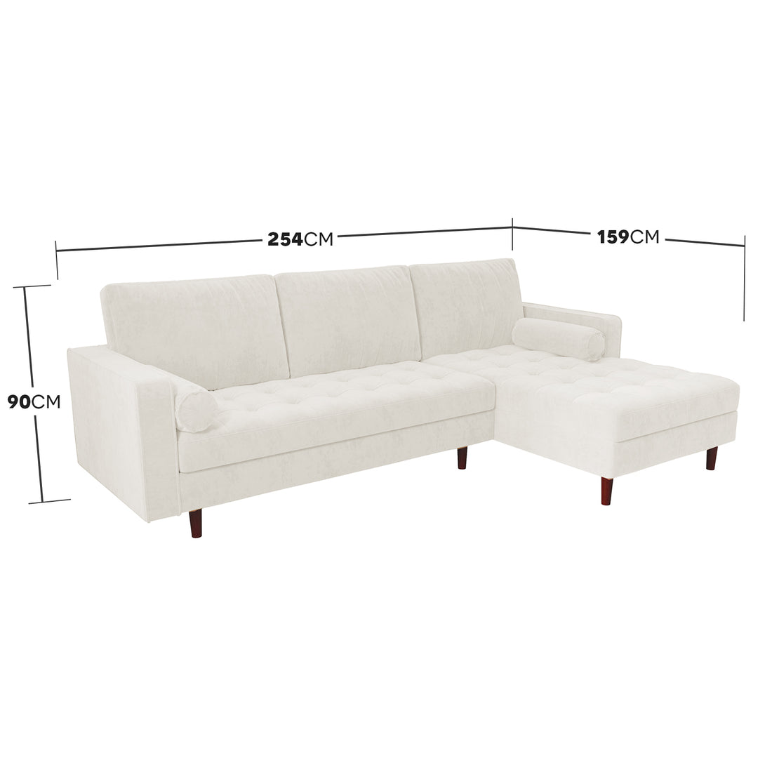 Close-up of the Claude 3 Seater Velvet Sofa with Chaise – Cream, featuring plush cushions and a spacious chaise design, showcasing its luxurious and comfortable velvet upholstery.