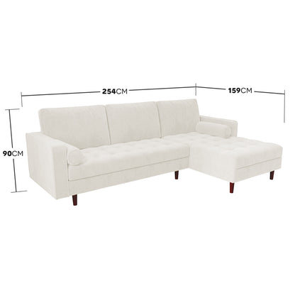 Close-up of the Claude 3 Seater Velvet Sofa with Chaise – Cream, featuring plush cushions and a spacious chaise design, showcasing its luxurious and comfortable velvet upholstery.