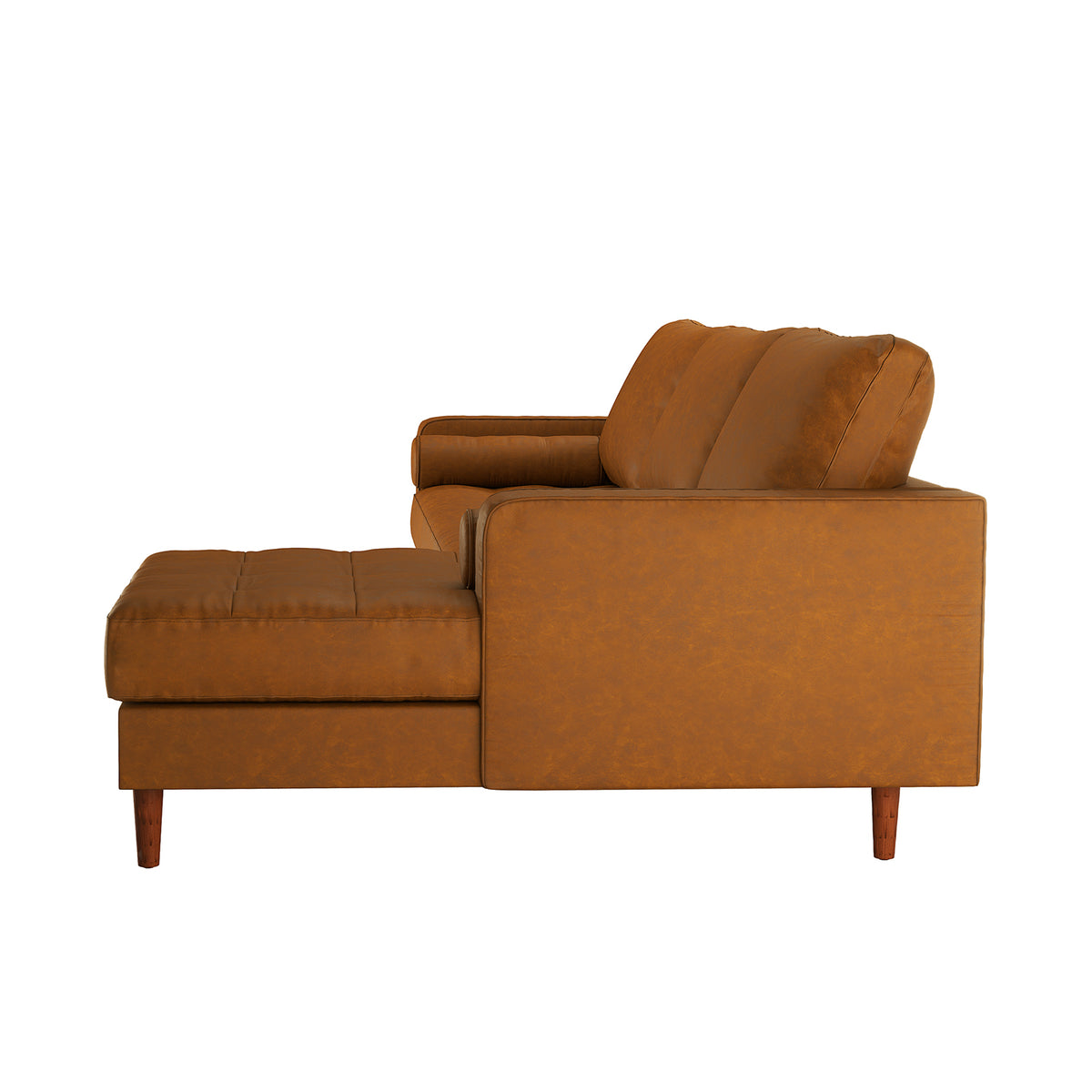 Claude 3 Seater PU Leather Sofa with Chaise in Tan Brown features a mid-century modern L-shaped design with left-side chaise, warm cognac leather-look upholstery, and tapered wooden legs.