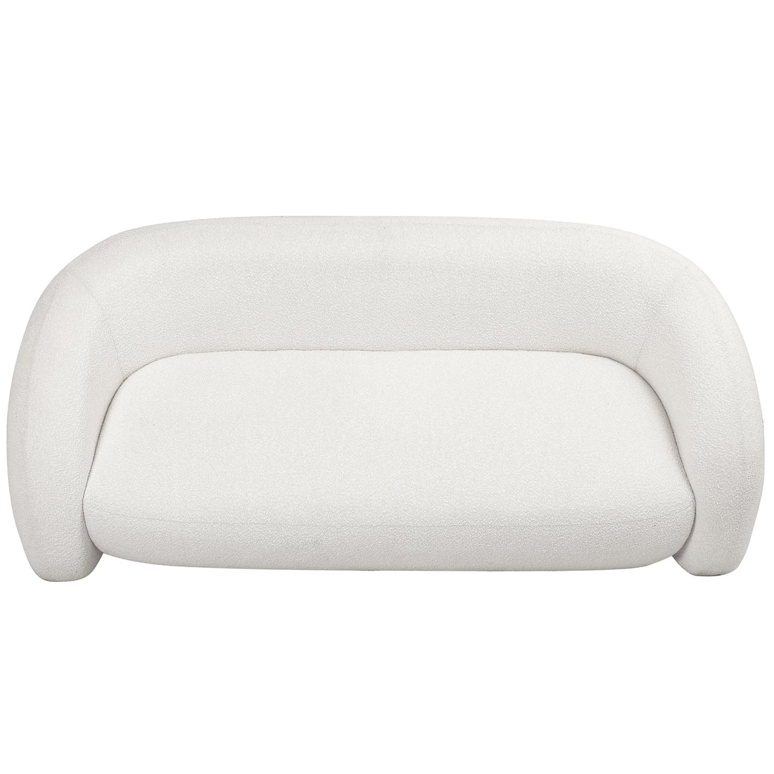 Clioz 3 Seater Curved Boucle Sofa in Eggshell White features a sculptural, low-profile design with a single seat cushion and rounded arms, upholstered in textured bouclé fabric for a modern, inviting look.