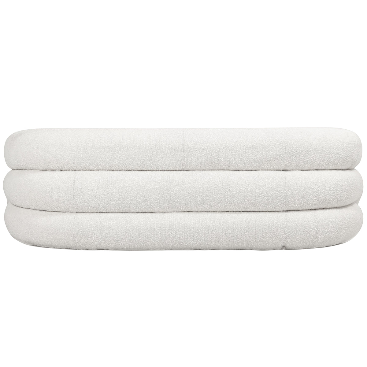Clioz 3 Seater Curved Boucle Sofa in Eggshell White features a low, oval shape with a stacked, rounded silhouette, upholstered in textured off-white bouclé fabric.