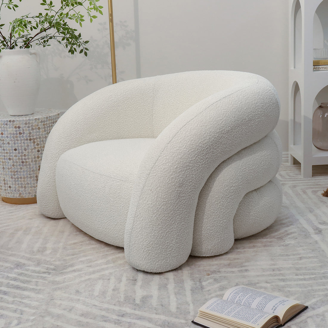 Lifestyle image of Clioz Bouclé 4 Seater Curved Lounge Package Eggshell White