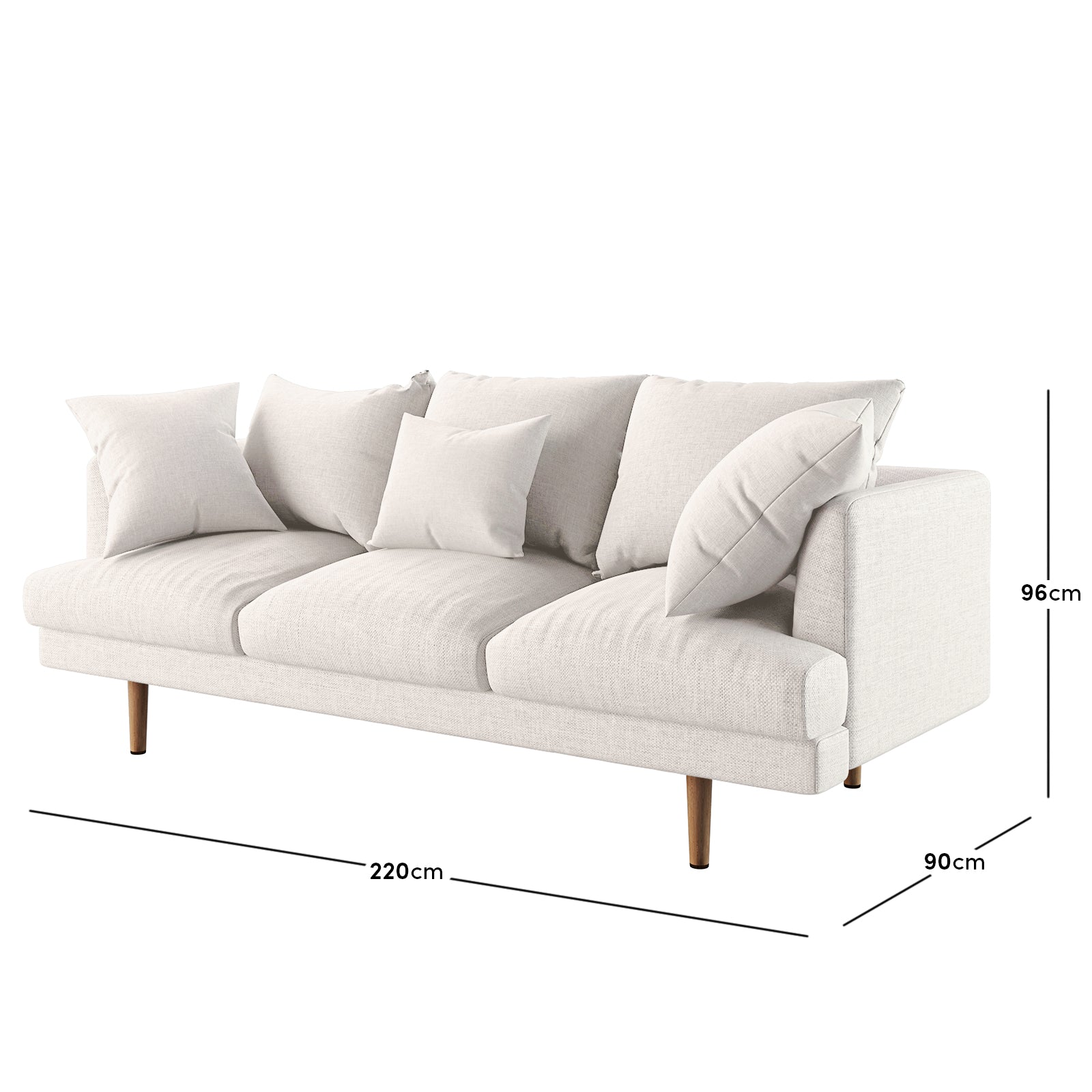 Colton Fabric 3 Seater Sofa Cream White with soft cushions and a sleek design, featuring a solid wood frame and three padded back cushions for added comfort.