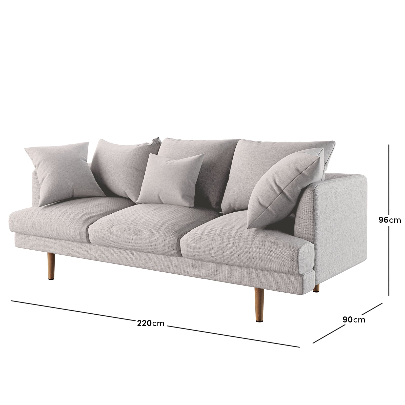 Close-up of the Colton Fabric 3 Seater Sofa Stone, showcasing its soft cushions and modern design, highlighting the plush throw pillows and padded back cushions that enhance its comfort.