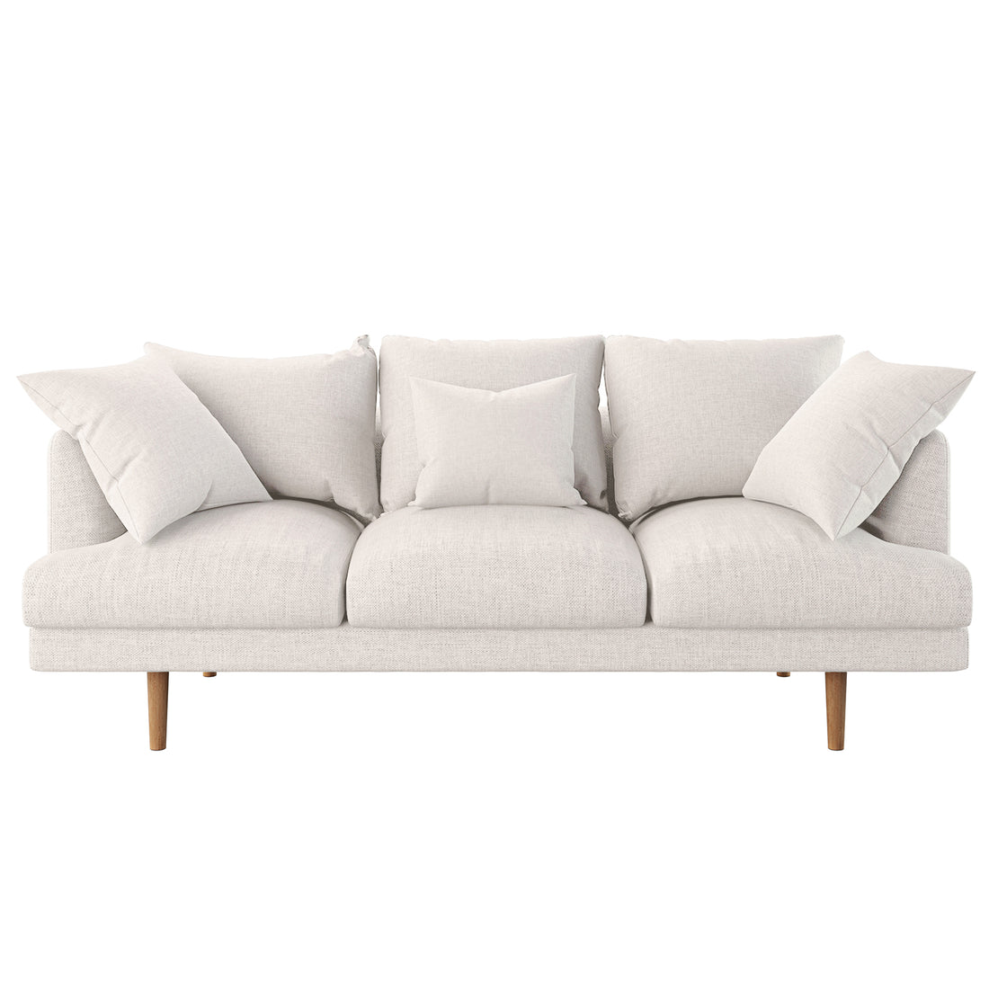 Colton 5-Seater Fabric Sofa in Cream White features a modern three-seat design with light upholstery, slender wooden legs, and five matching cushions, creating a relaxed, inviting look.
