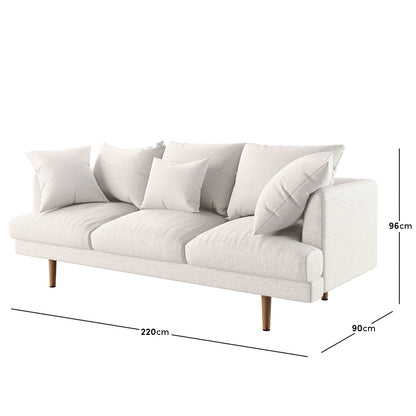 Colton 5-Seater Fabric Sofa in Cream White, featuring a modern three-seat design with light fabric, clean lines, five loose pillows, and tapered wooden legs. Dimensions: Width 220 cm, Depth 90 cm, Height 96 cm.