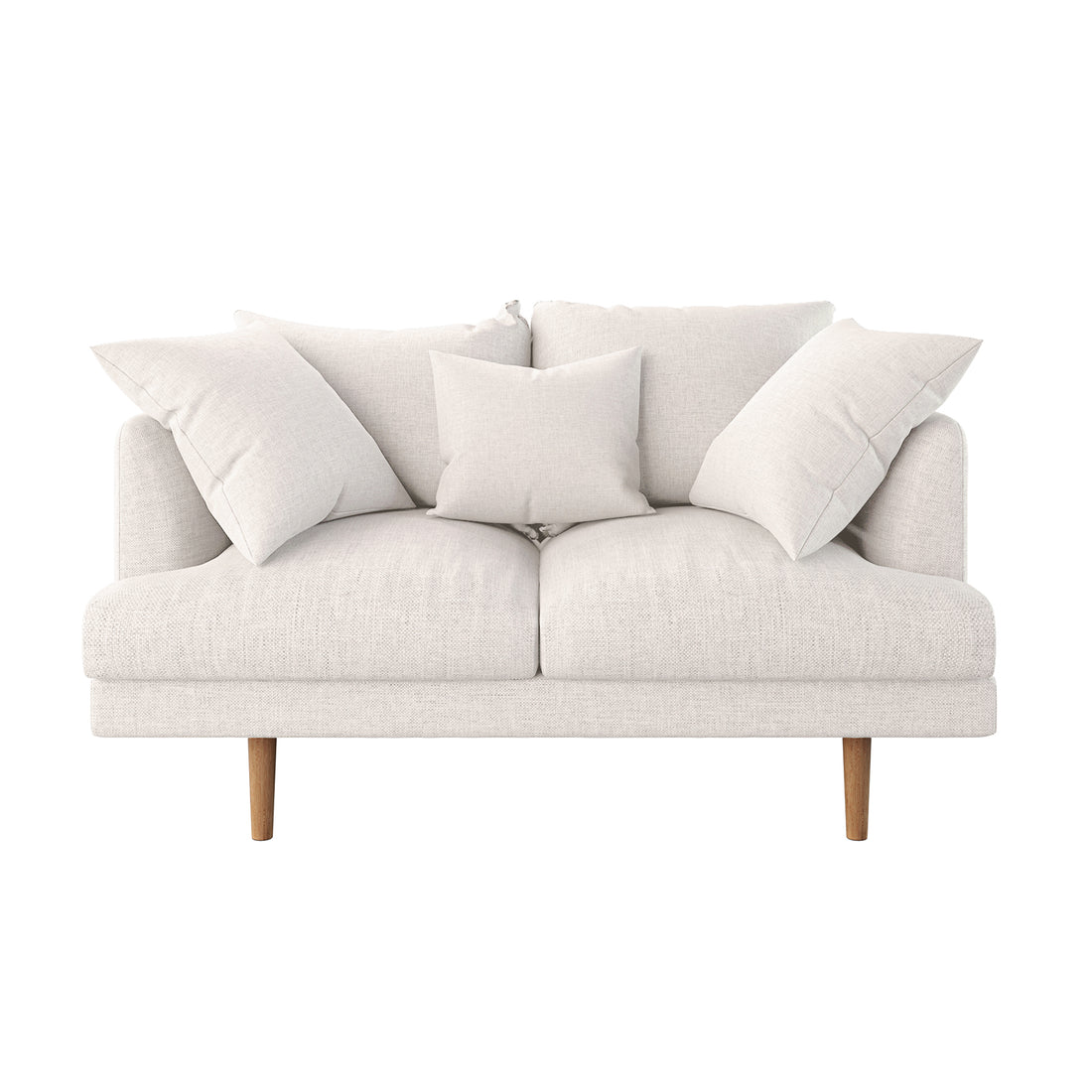 Colton 5-Seater Fabric Sofa in Cream White featuring a modern two-seat design with light off-white upholstery, low back, slender wooden legs, and plush cushions, including a central throw pillow.