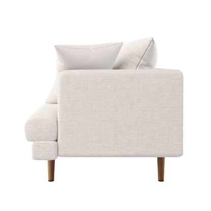 Colton 2 Seater Sofa with Rug in Cream White Fabric features a modern design with clean, squared-off arms, loose back cushions, a single seat cushion, and tapered wooden legs.