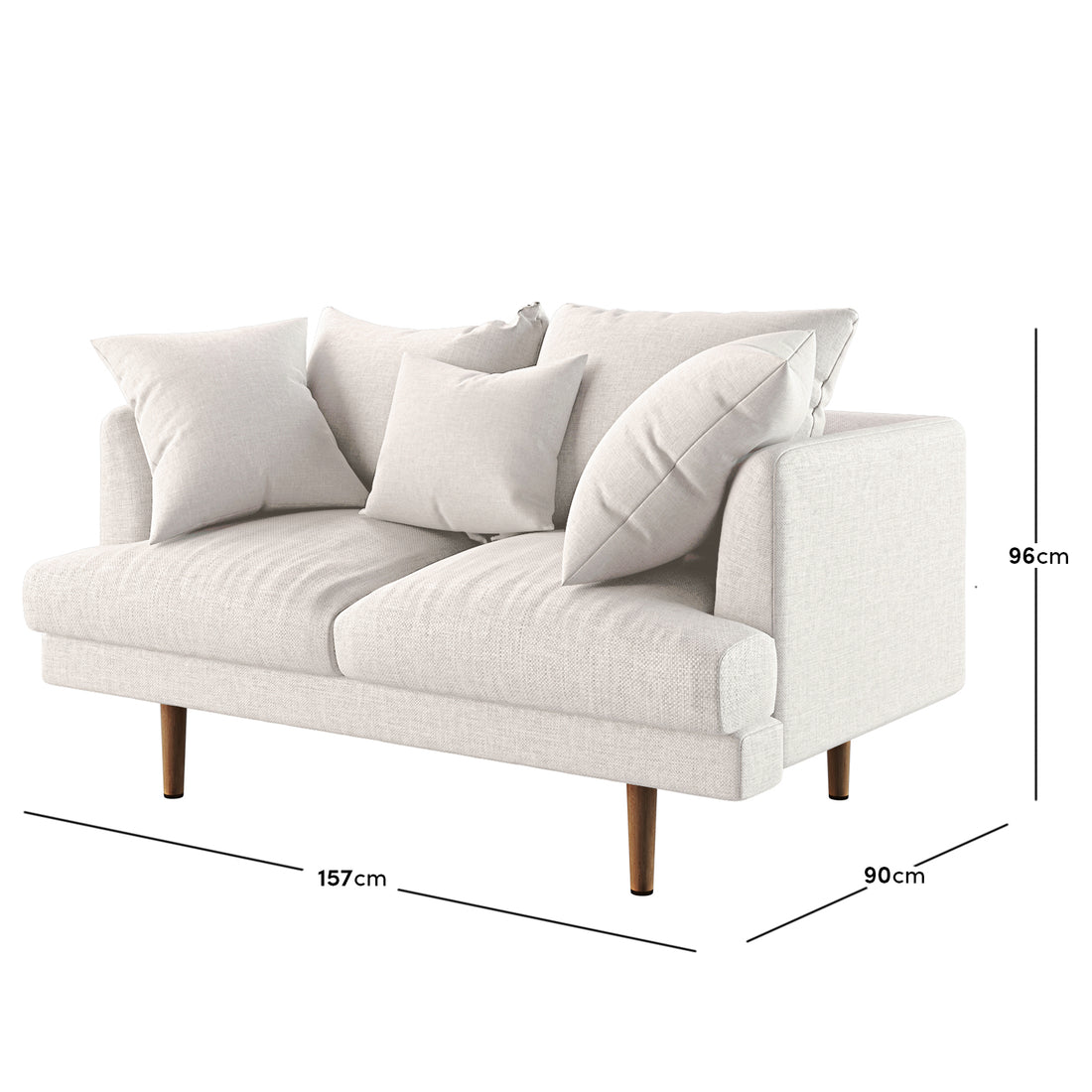 Colton 2 Seater Sofa in Cream White Fabric displayed with a light beige woven upholstery, two seat cushions, four loose back cushions, and tapered wooden legs, highlighting its contemporary style and compact dimensions.