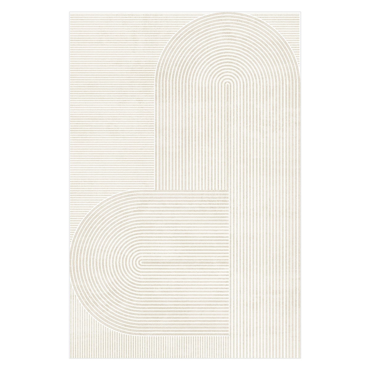 Colton 2 Seater Sofa with Rug in Cream White Fabric, featuring a sleek, contemporary design with plush cushioning, complemented by a modern abstract floor rug with overlapping U-shaped line patterns.