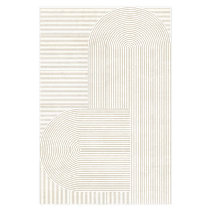 Colton 2 Seater Sofa with Rug in Cream White Fabric, featuring a sleek, contemporary design with plush cushioning, complemented by a modern abstract floor rug with overlapping U-shaped line patterns.