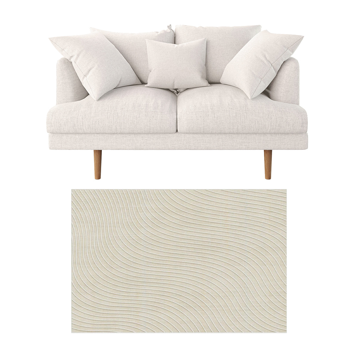 Colton 2 Seater Fabric Sofa with Rug - Cream White features a mid-century modern loveseat with exposed wood legs and loose cushions, paired with a tufted beige rectangular rug below.