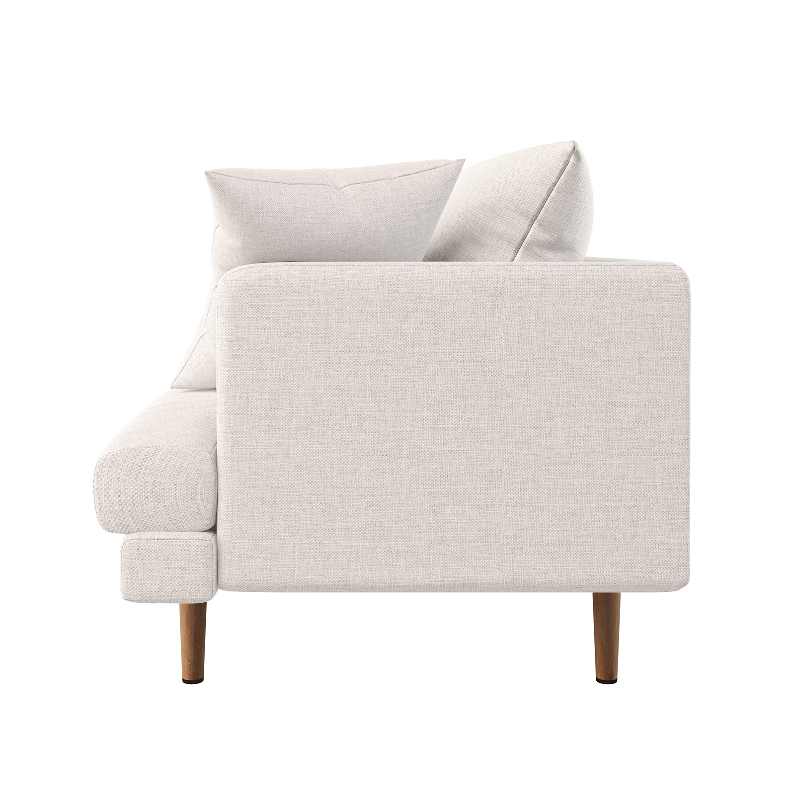 Colton 2 Seater Fabric Sofa with Rug - Cream White, showcasing a side view with straight lines, removable back cushions, slim wooden legs, and three throw pillows, ideal for modern interiors.