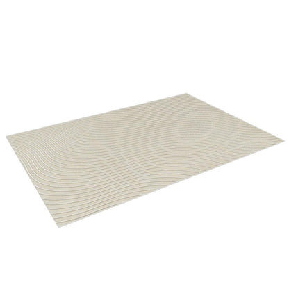 Colton 2 Seater Fabric Sofa with Rug - Cream White features a light beige wall tile with embossed wave grooves, enhancing the contemporary feel of the cream-white sofa and matching modern abstract rug.