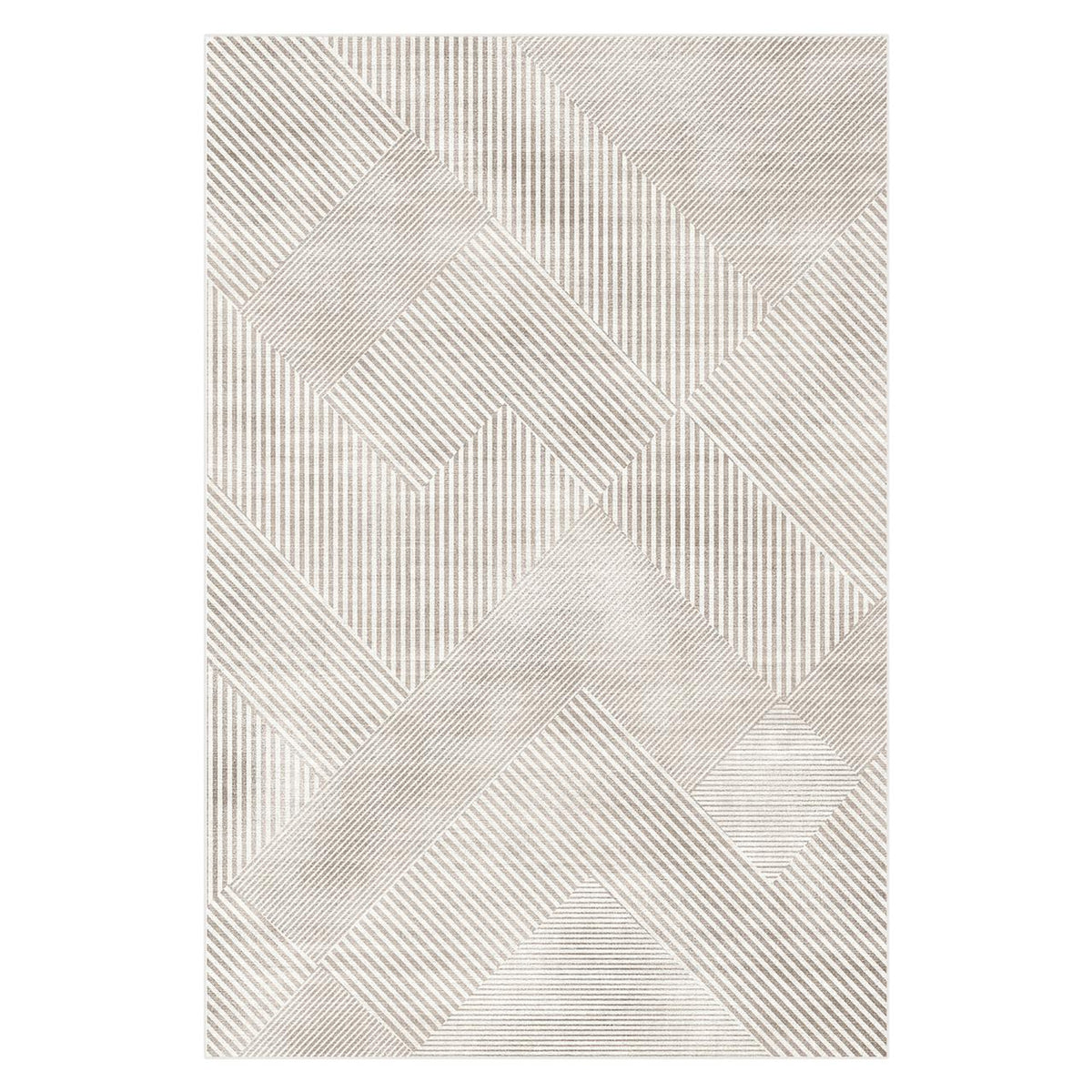 Colton 2 Seater Fabric Sofa with Rug - Cream White, displaying a modern sofa with sleek wood legs next to an abstract geometric-patterned rug featuring interlocking panels with varied stripe directions.