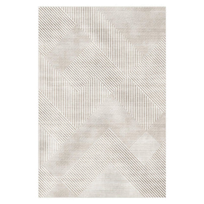 Colton 2 Seater Fabric Sofa with Rug - Cream White, displaying a modern sofa with sleek wood legs next to an abstract geometric-patterned rug featuring interlocking panels with varied stripe directions.