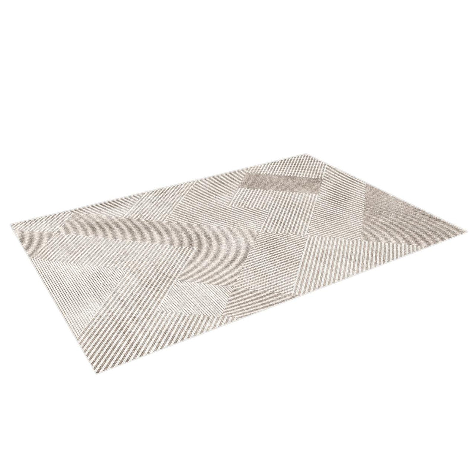 Colton 2 Seater Fabric Sofa with Rug - Cream White, featuring a light-beige floor rug with a modern geometric pattern of rectangles and triangles, perfectly complements contemporary living room spaces.