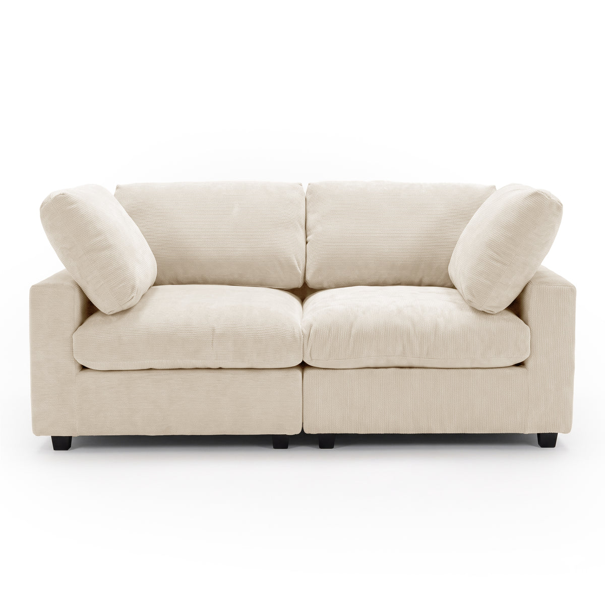 Front view of a beige two-seater sofa on a white background