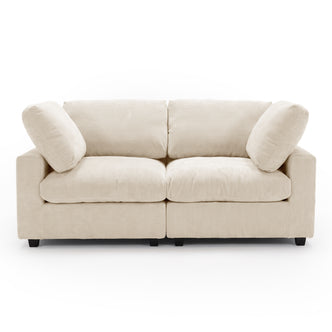 Front view of a beige two-seater sofa on a white background