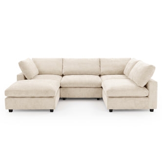 Light beige L-shaped sectional sofa on a white background