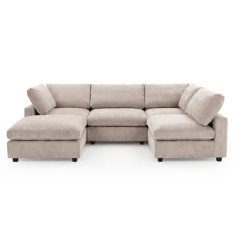 Light beige L-shaped sectional sofa with cushions on a white background
