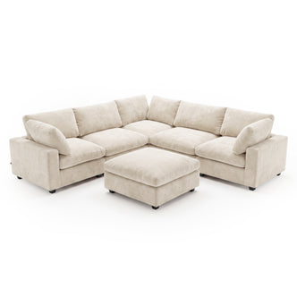 Beige L-shaped sectional sofa with matching ottoman on white background
