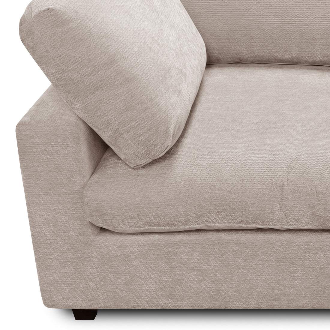 A close-up view of the armrest and corner seat section of a modular sofa, showcasing its light taupe, textured fabric and deep cushioning.