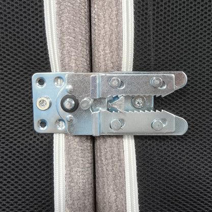 A close-up view of a metal sofa connector bracket, used to securely join modular sofa sections together, attached to the black mesh and taupe fabric underside of the furniture.