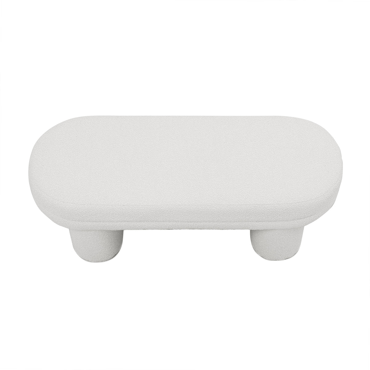 Elzan Bouclé Upholstered Bench Eggshell White, featuring a sleek curved design with legs, wrapped in textured bouclé fabric. Ideal for modern interiors, offering plush comfort and sturdy support.
