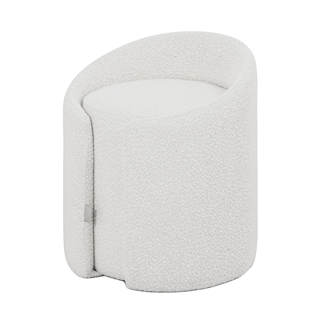 A minimalist, cream-colored bouclé ottoman stool with a soft, curved silhouette and a compact design.