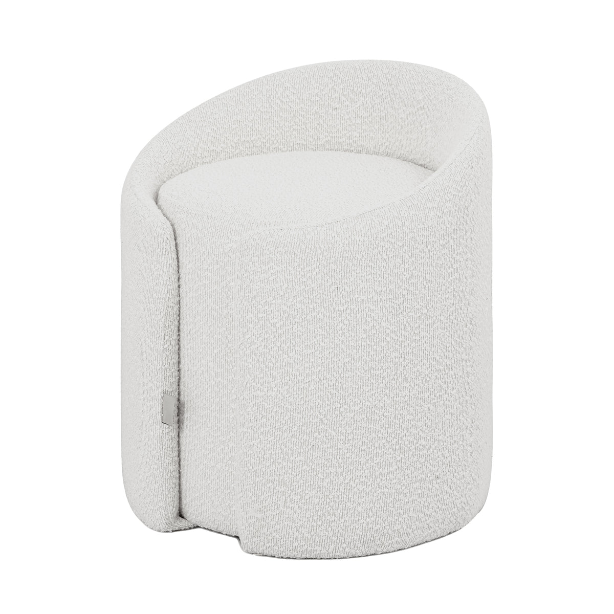 A minimalist, cream-colored bouclé ottoman stool with a soft, curved silhouette and a compact design.