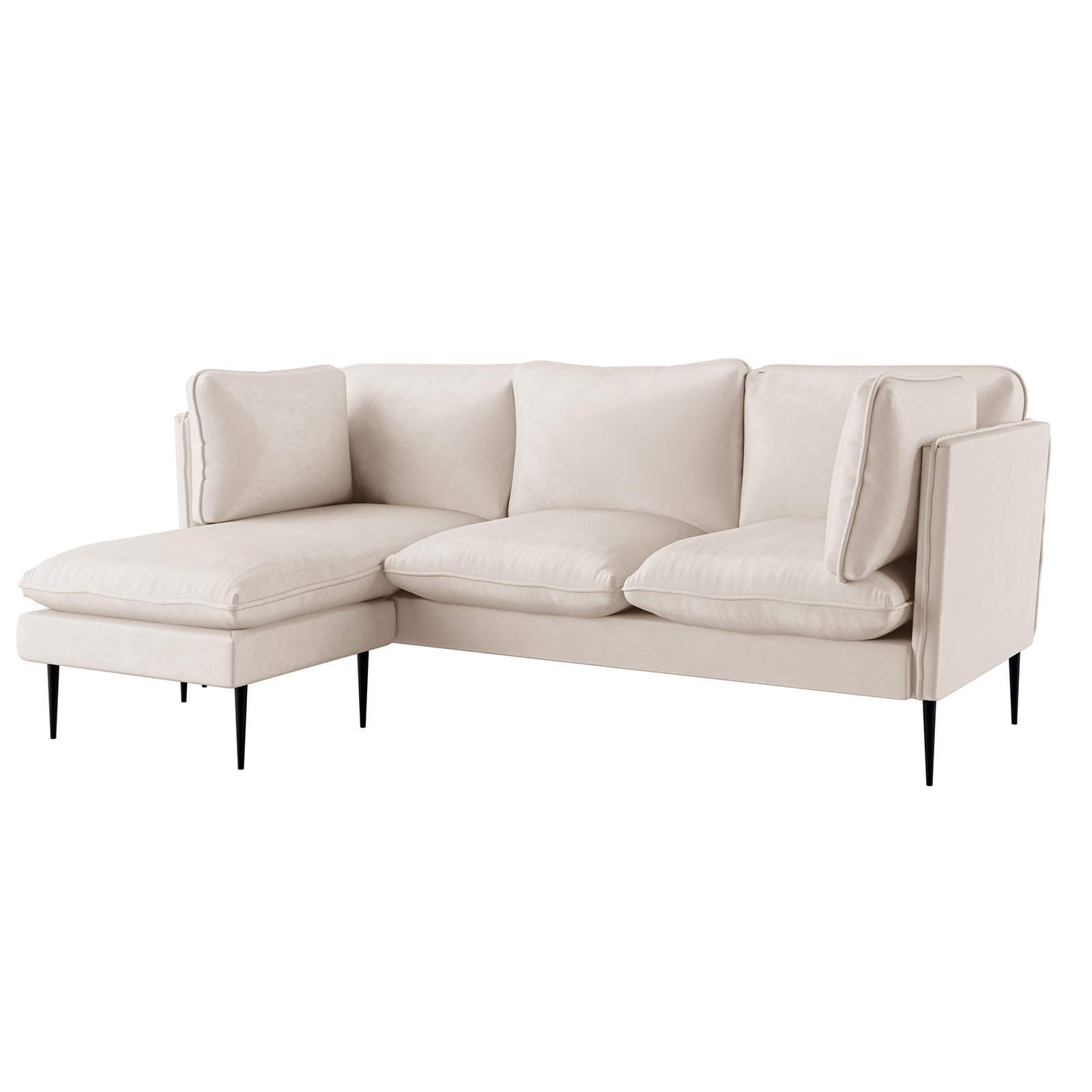 Close-up of the Erling 3 Seater Velvet Sofa with Chaise, highlighting its plush foam cushions and sleek design, emphasizing comfort and style suitable for modern living rooms.