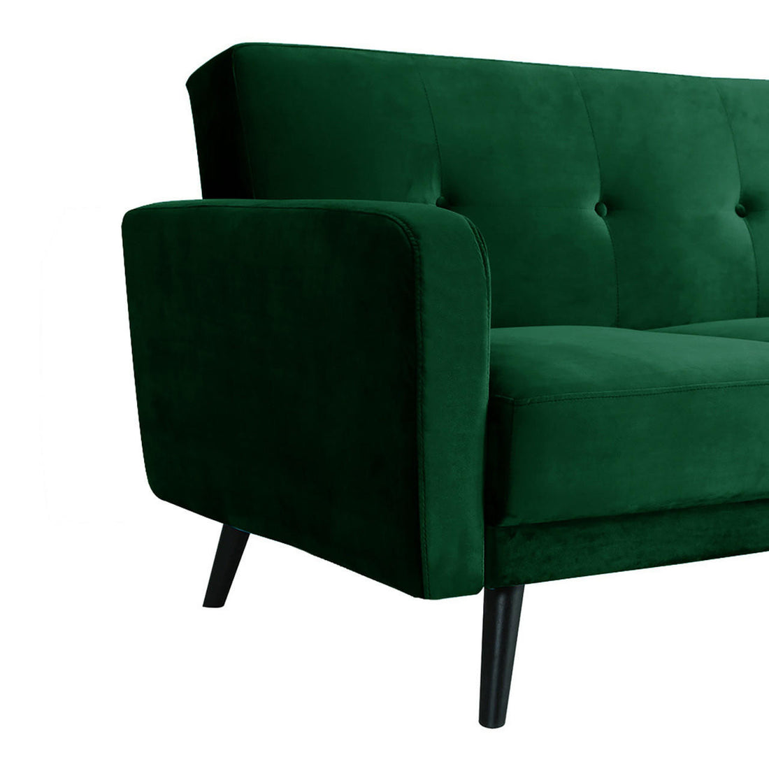 Esben 3-Seater Velvet Sofa Bed in Dark Forest Green, showcasing its plush velvet texture, sleek black legs, and sturdy armrest design, reflecting Scandinavian and contemporary elegance.