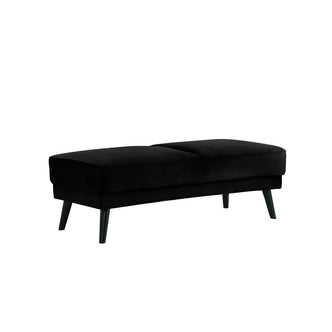 Esben Velvet Fabric Ottoman in Black, featuring a modern rectangular design with a cushioned top and angled wooden legs, exemplifying a mid-century style suitable for seating or decor.
