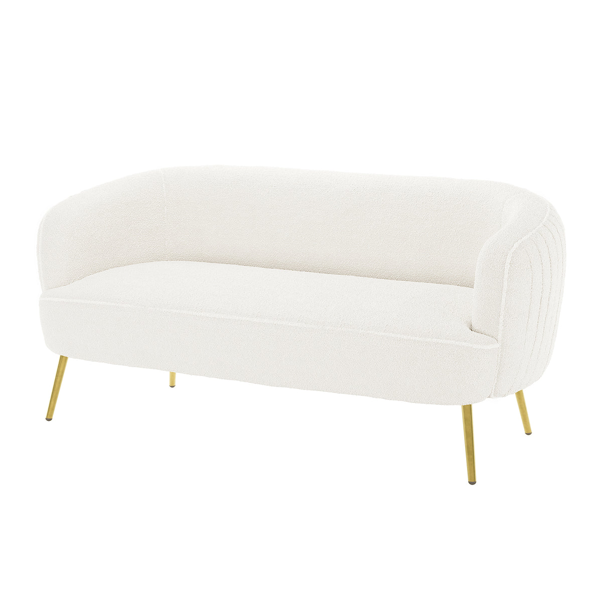 Evelyn 4 Seater Boucle Sofa Set in Cream White features a curved-back design with textured fabric and slender brass-toned metal legs, showcasing modern elegance and stylish comfort.