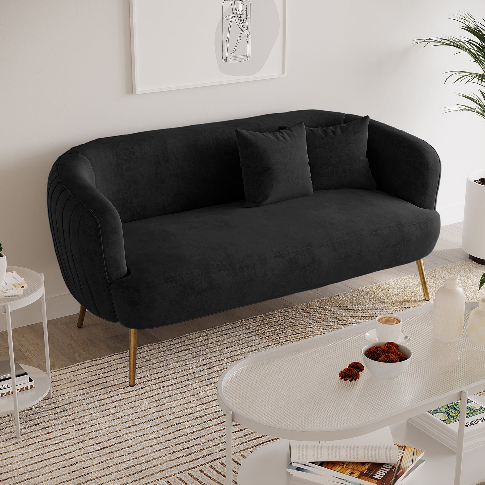 Evelyn 2 Seater Curved Velvet Sofa in Black with gold legs, featuring plush velvet upholstery and elegant curved silhouette