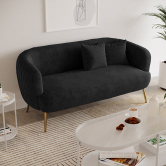 Evelyn 2 Seater Curved Velvet Sofa in Black with gold legs, featuring plush velvet upholstery and elegant curved silhouette