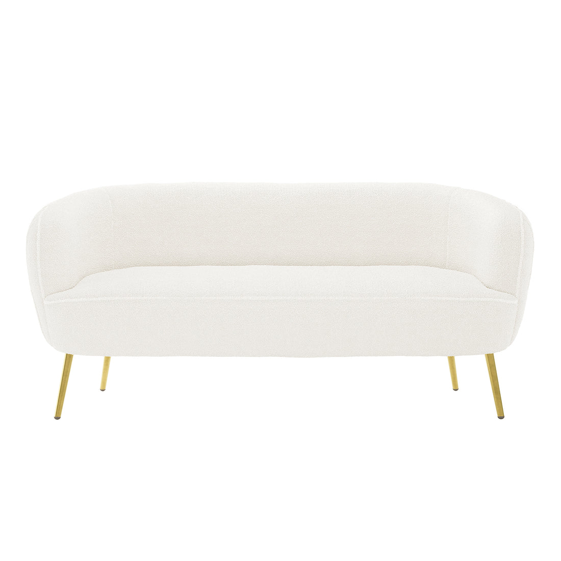 Evelyn 2 Seater Curved Boucle Sofa in Cream White, featuring a curved back and armrests, slender brass-finished legs, upholstered in elegant bouclé fabric, showcasing a chic mid-century modern design.