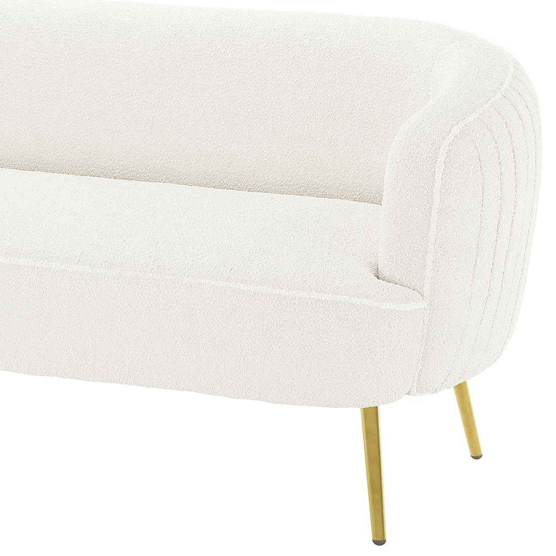 Evelyn 2 Seater Curved Boucle Sofa in Cream White features a modern design with a curved back, single armrest, white bouclé fabric, and slim brass-metal legs.