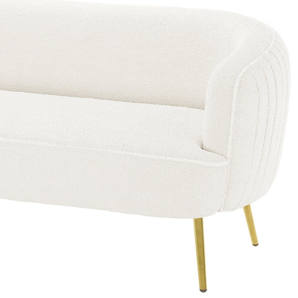 Evelyn 2 Seater Curved Boucle Sofa in Cream White features a modern design with a curved back, single armrest, white bouclé fabric, and slim brass-metal legs.